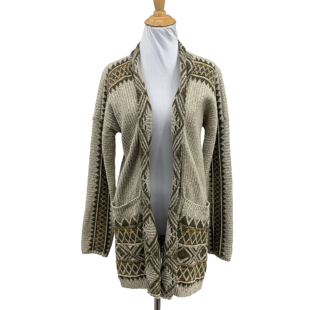 Lucky Brand Cardigan Womens M Medium Cream Herb Open Front Aztec Print Sweater